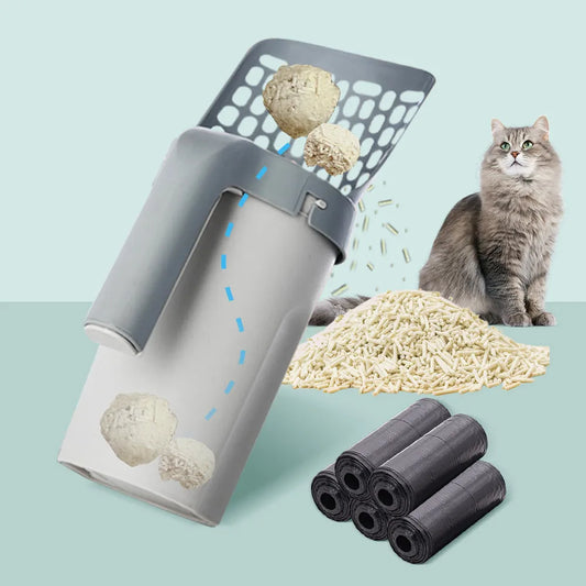Pelle à litière pour chat avec sac de recharge pour filtre.