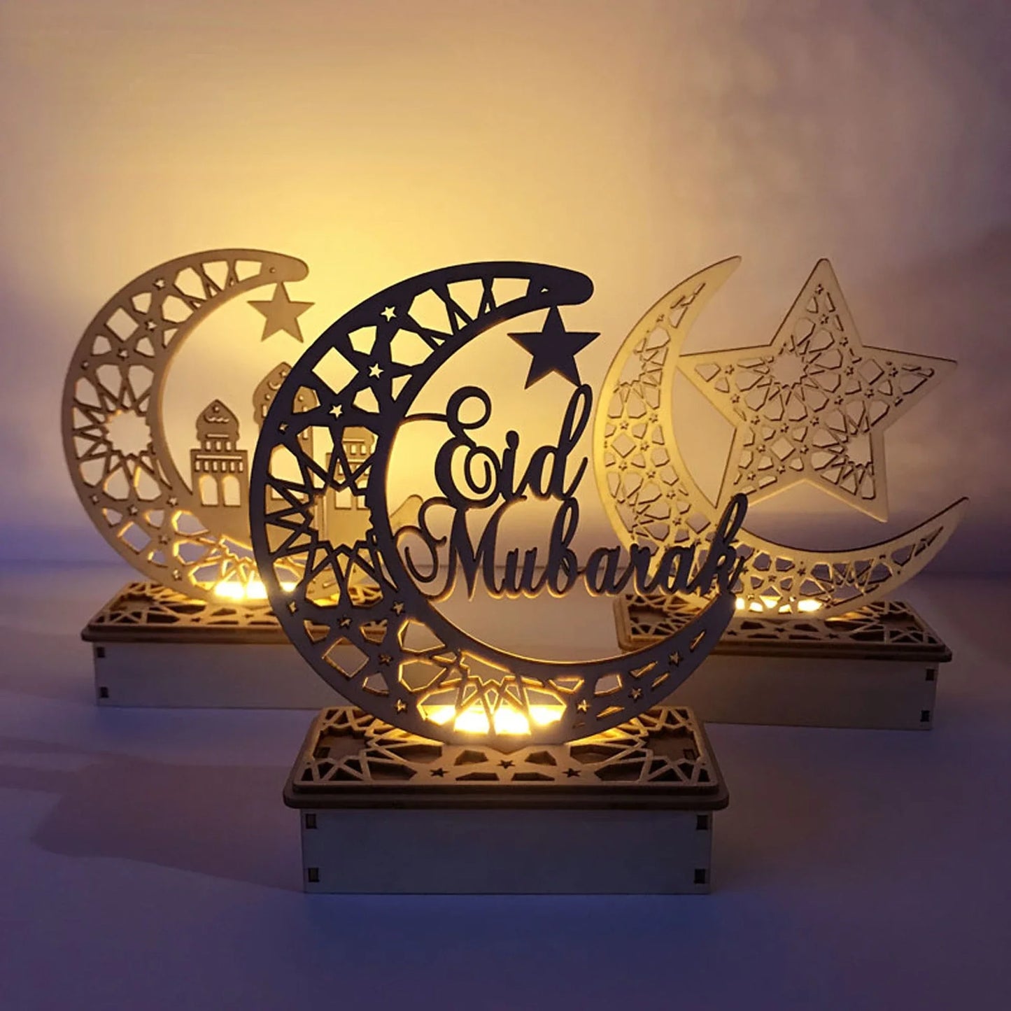 Eid Moubarak Ornement en bois Lune LED Bougie Lumière Ramadan Décoration pour la maison.