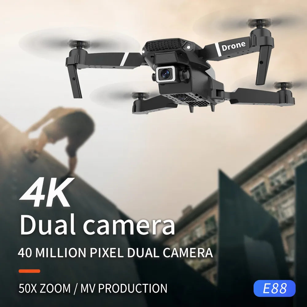 Drone professionnel E88, caméra HD grand angle 4k, WiFi, fpv, maintien en hauteur, hélicoptère quadrotor RC pliable, jouets pour enfants sans caméra.